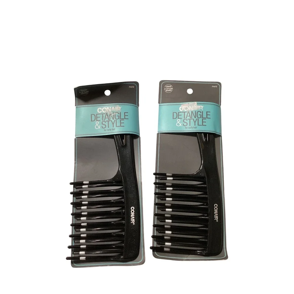 Lot of 2 Conair Detangle & Style Wide Tooth Combs for Curly Hair Black #14415Z